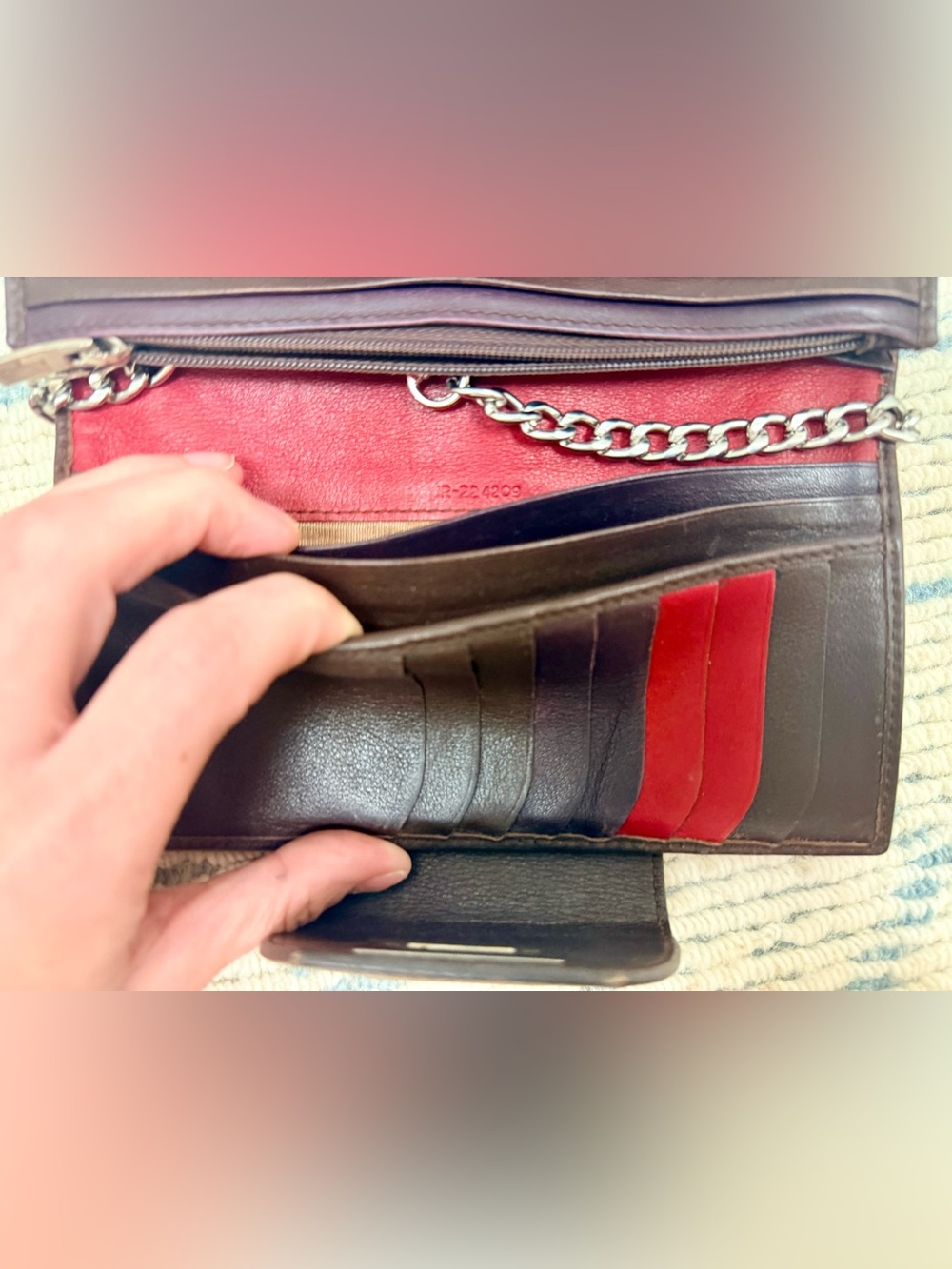 FERRAGAMO Vintage Y2K Red Monogram Embossed Leather 2-Tone Wallet W/ Chain - Picture 12 of 16